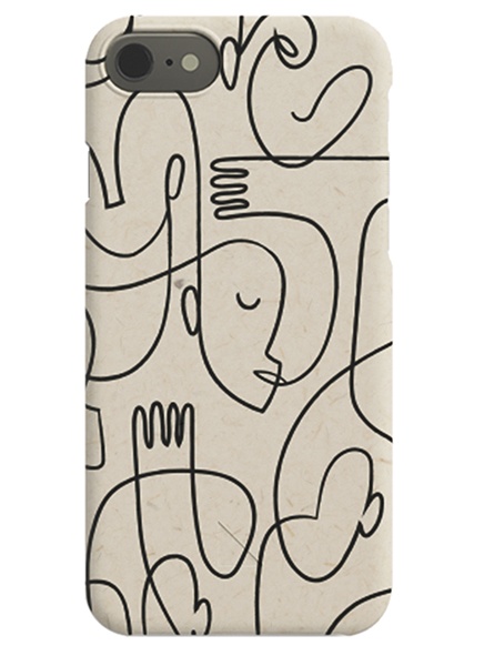  – Funda para iPhone con un estampado abstracto. Tiene fondo beis y rostros abstractos negros realizados en arte de línea.