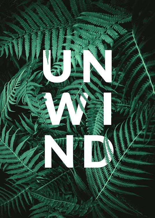 – Póster con la palabra «Unwind» en blanco, hojas verdes de helecho y fondo negro