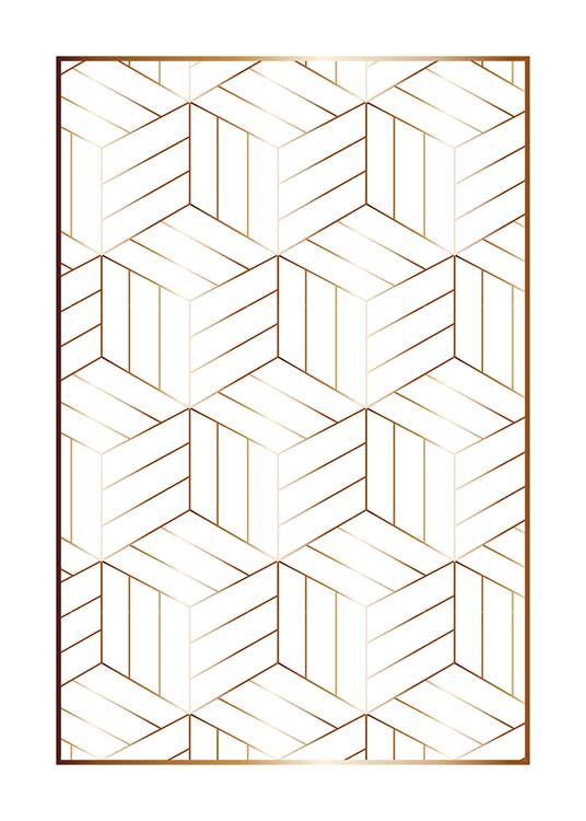  – Ilustración de diseño gráfico con un patrón de cubos blancos con líneas doradas, y un marco dorado alrededor.