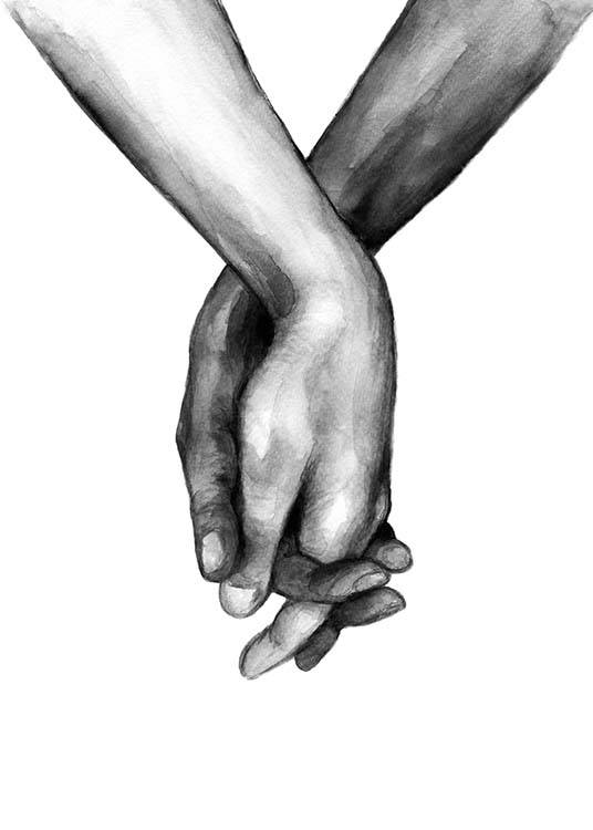 – Acuarela en blanco y negro con la ilustración de dos manos unidas