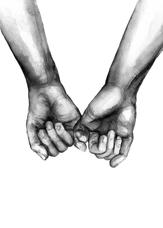  – Acuarela en blanco y negro con la ilustración de dos manos que se toman del meñique