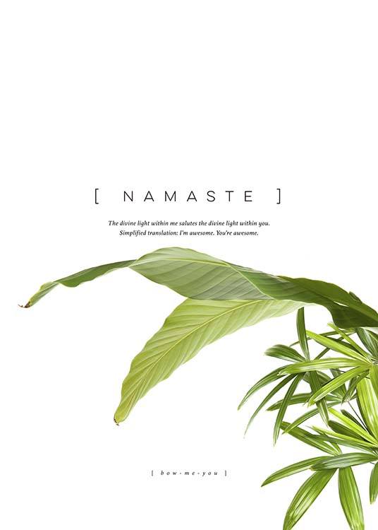 – Póster con la palabra «Namaste», una frase y hojas verdes