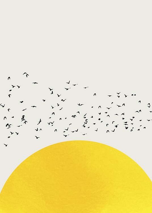  – Ilustración de estilo gráfico con fondo beis y la imagen de una bandada de pájaros sobrevolando un sol grande y amarillo