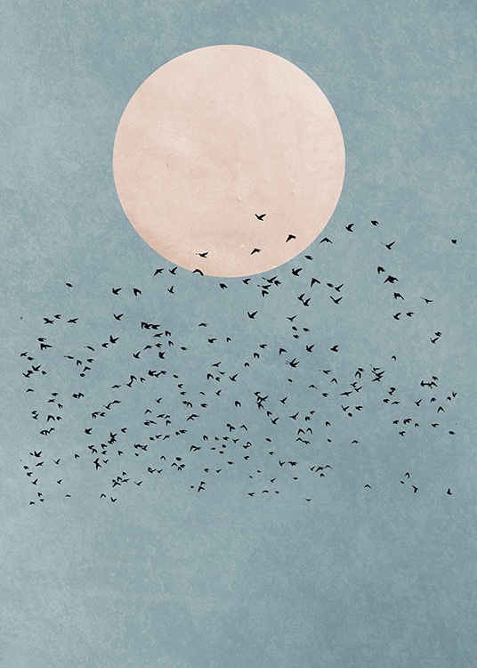  – Ilustración de diseño gráfico con una bandada de pájaros frente a una luna llena color rosa y un cielo azul