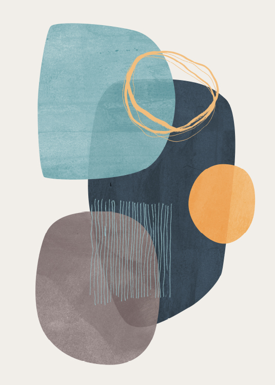  – Arte abstracto de diseño gráfico con formas abstractas y círculos en azul, marrón y anaranjado, sobre un fondo beis claro