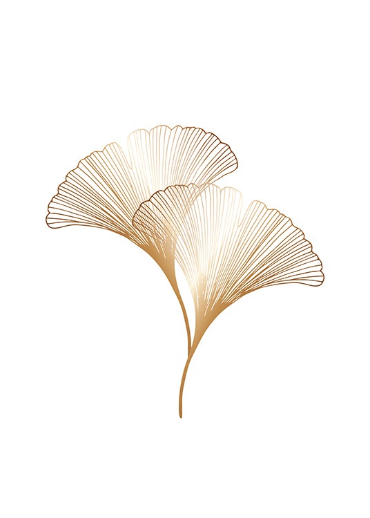  – Ilustración de diseño gráfico con dos hojas de ginkgo en color dorado y fondo blanco.
