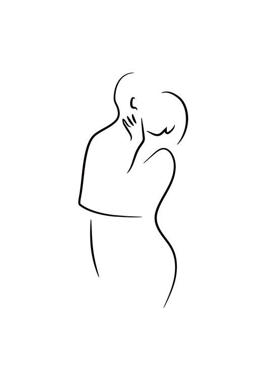 – Póster con fondo blanco y el dibujo de una pareja besándose realizada en arte de línea 