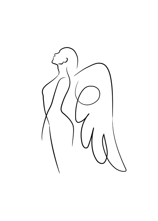 – Póster en arte de línea con un ángel mirando hacia un costado y fondo blanco 