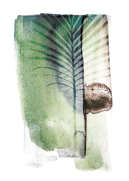 – Póster de arte con fondo blanco, pinceladas en acuarela verde y una planta. 