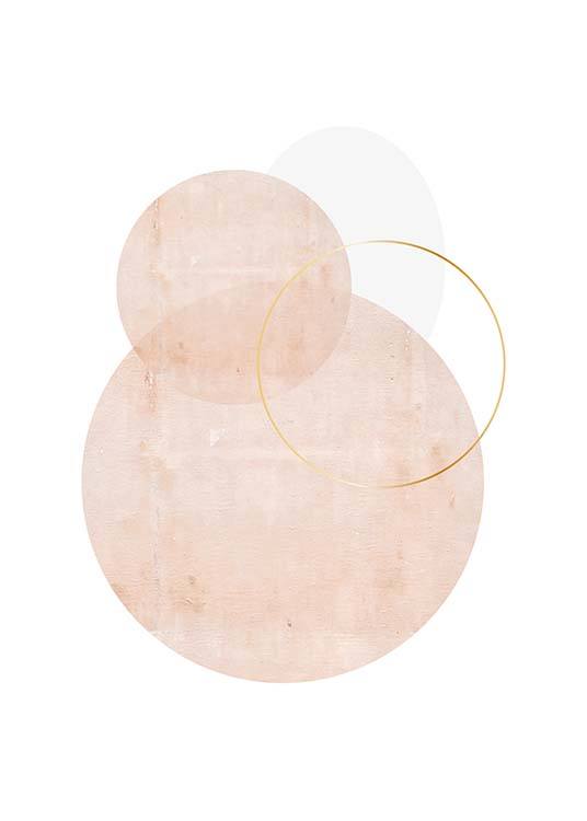– Círculos rosas, blancos y dorados interconectados sobre un fondo blanco. 