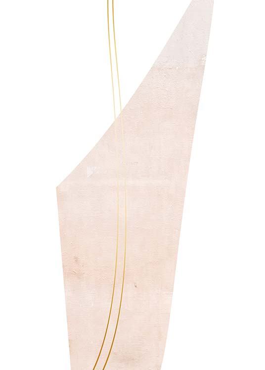 – Póster de arte con una figura rosa en forma de triángulo, líneas doradas y fondo blanco. 
