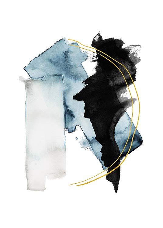  – Acuarela con ilustraciones abstractas en azul y negro y dos líneas doradas