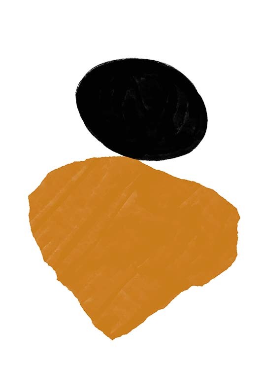 –Póster blanco con una figura abstracta naranja y otra negra balanceándose entre sí. 