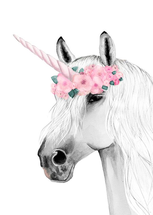 –Dibujo de un unicornio con un cuerno y una corona rosas. 