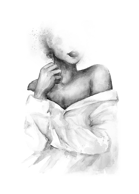  – Acuarela en blanco y negro realizada con una mujer con camisa y los hombros desnudos 