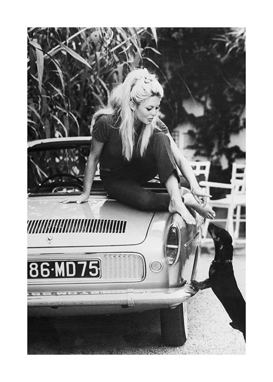  – Fotografía en blanco y negro de Brigitte Bardot sentada en el capó de un automóvil, inclinándose para saludar a un perro