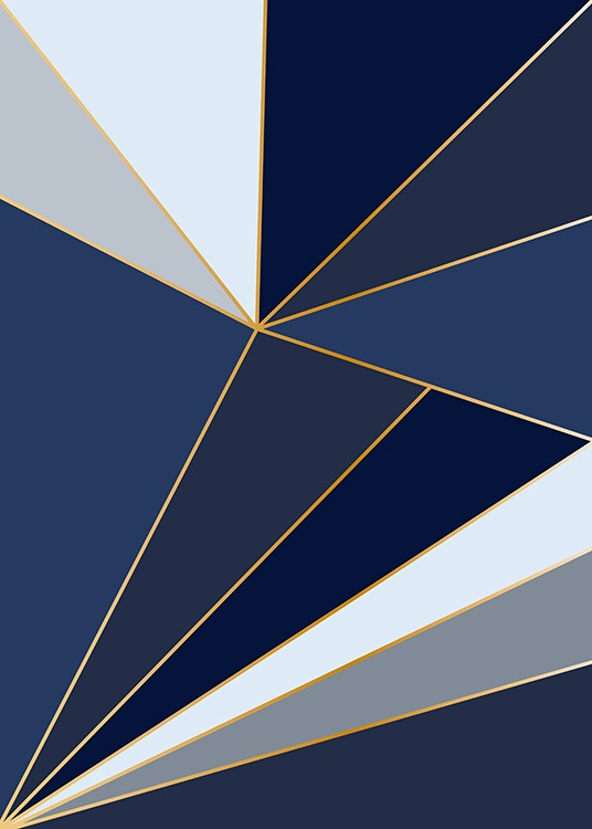 – Ilustración de diseño gráfico con fragmentos azules en forma de triángulos delineados en dorado.
