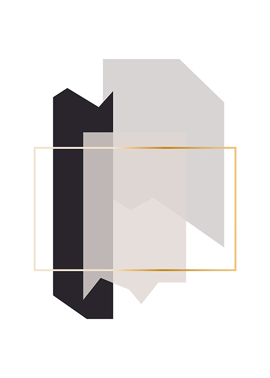  – Ilustración de diseño gráfico con figuras abstractas en gris, beis y negro con un marco dorado y delgado en forma de rectángulo en medio de la imagen.