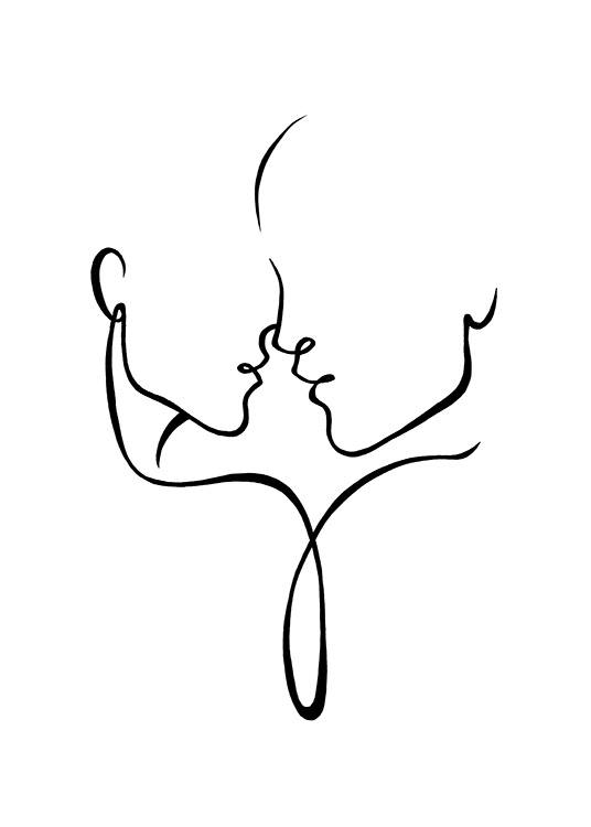  – Ilustración de arte de línea con dos rostros en negro besándose, fondo blanco