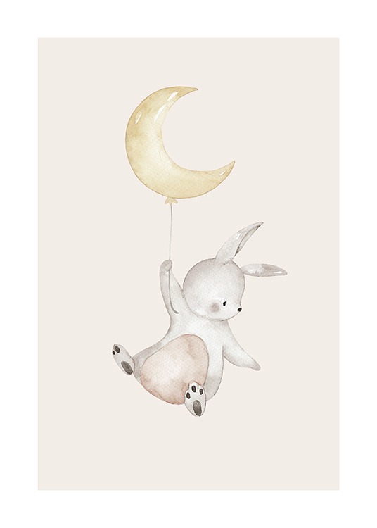  – Dibujo de un conejito bebé color gris volando con un globo en forma de luna, fondo beis claro