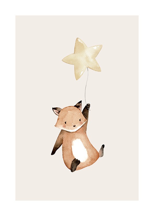  – Dibujo de un zorrito bebé volando con un globo en forma de estrella, fondo beis claro