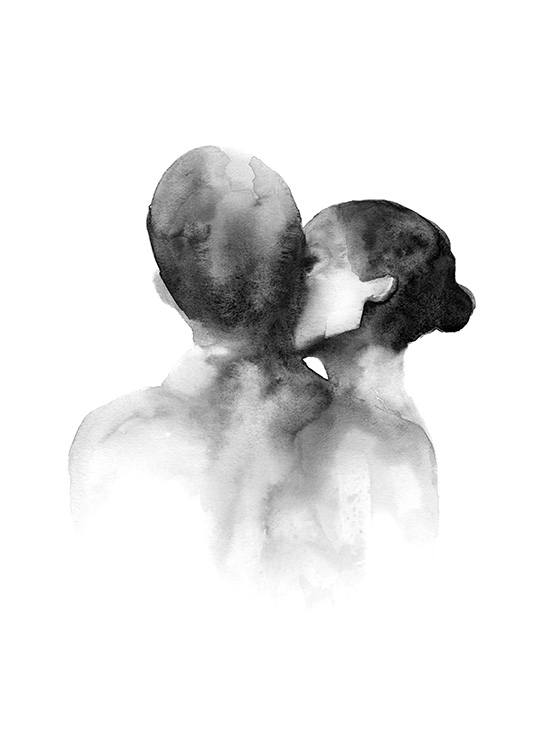  – Acuarela en blanco y negro con una mujer y un hombre besándose en la mejilla