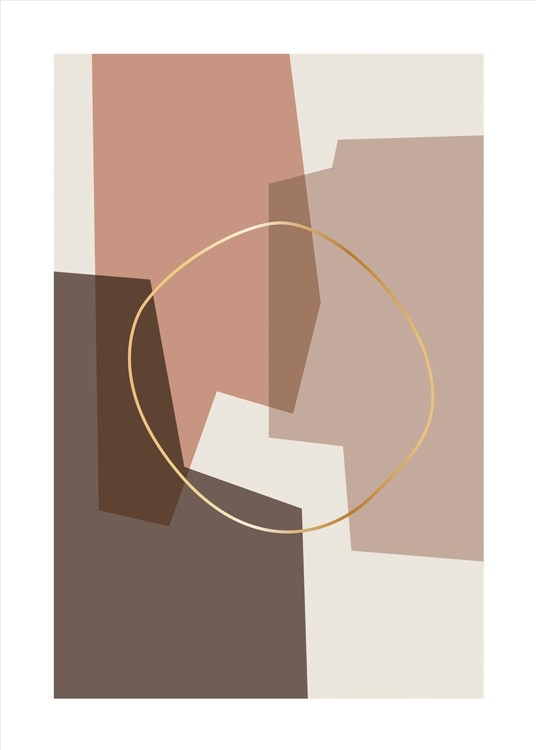  – Ilustración de diseño gráfico con figuras en beis y rosado con un círculo dorado en el medio de la composición.