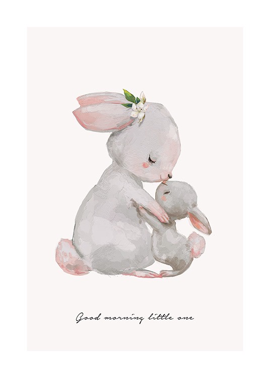 Póster infantil ilustrado con una coneja madre dándole los buenos días con un beso a su conejito