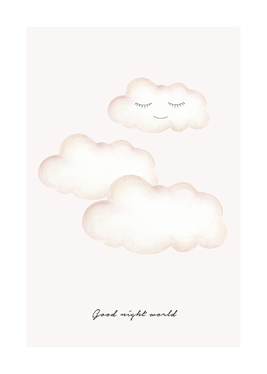 Póster infantil con nubes ilustradas con los ojos cerrados y texto debajo