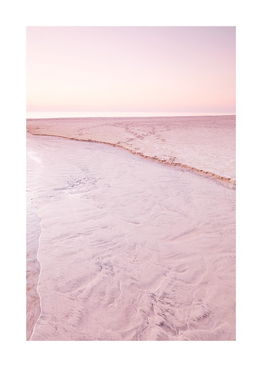 Póster de la naturaleza con una playa de arena rosa y un cielo rosa
