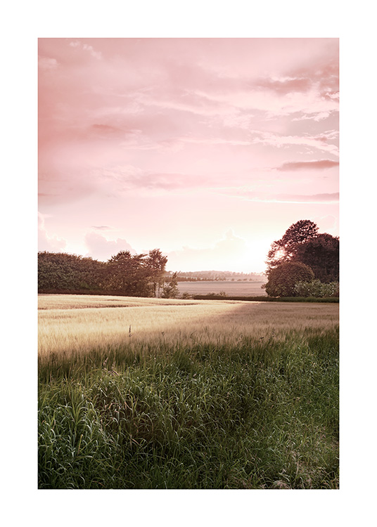Póster de la naturaleza de un paisaje del campo al atardecer con un cielo rosa al fondo