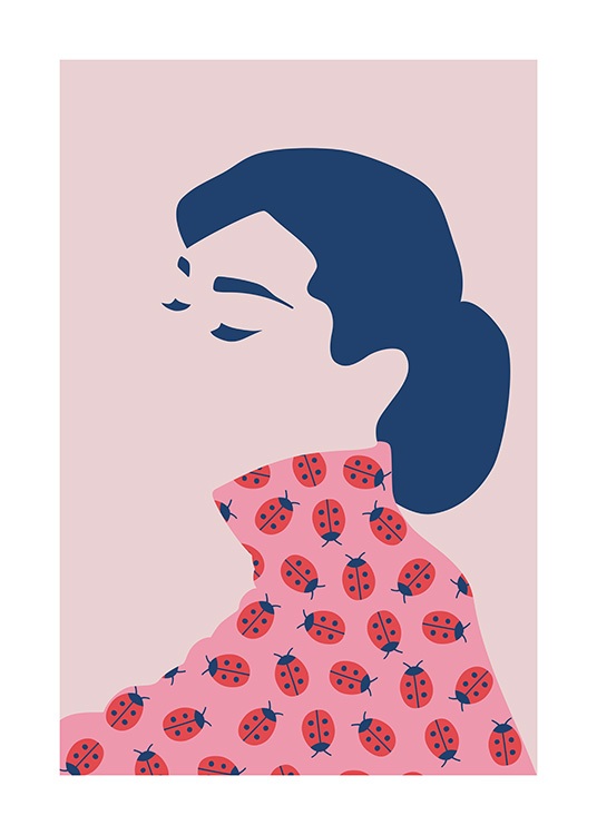 Ilustración gráfica de Audrey Hepburn con los ojos cerrados y un polo rosa de mariquitas