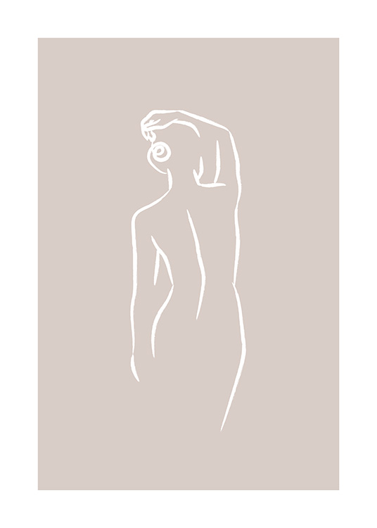 Ilustración en arte lineal blanco de una mujer desde atrás, sobre un fondo beis