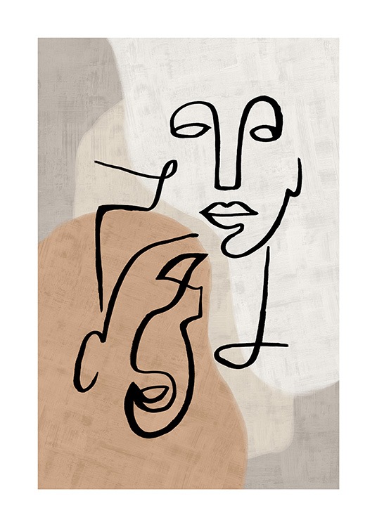  - Ilustración abstracta de figuras en color beis y naranja con trazos en negro que forman rostros. 