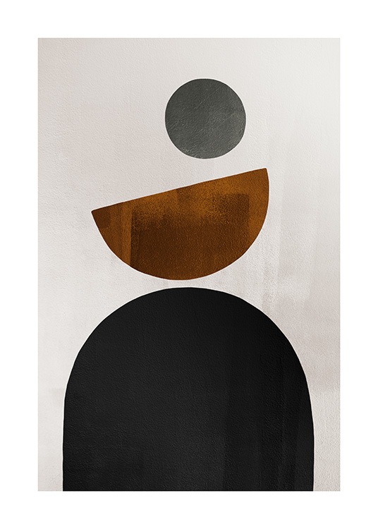  – Ilustración de diseño gráfico con fondo beis y figuras geométricas en marrón, gris y negro