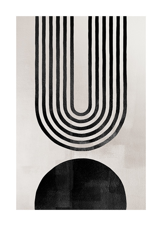  – Arco abstracto de diseño gráfico con fondo beis y líneas negras que forman un arco invertido con una figura negra debajo