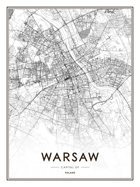  - Mapa de Varsovia, Polonia, con las coordinadas de la ciudad y Polinia  escritas al pie de la imagen. 