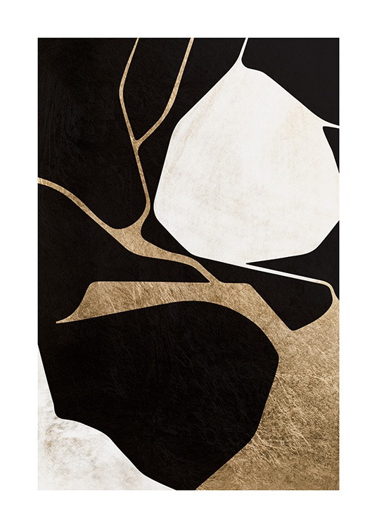  - Lámina artística con figuras abstractas en blanco y negro con detalles en dorado.