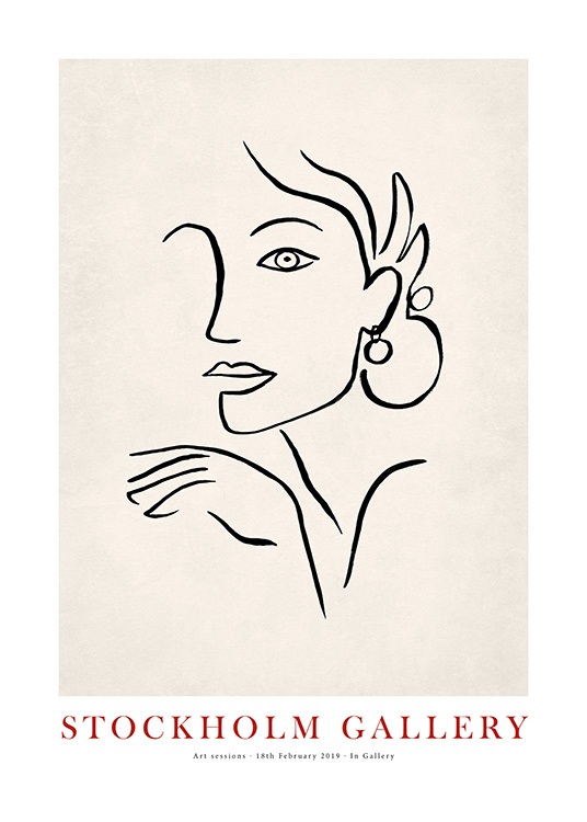  - Ilustración hecha a mano del rostro de una mujer en trazos en negro sobre un fondo beis. 