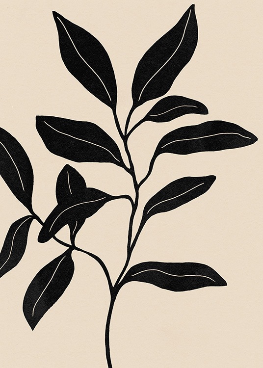  - Pintura de una rama negra con hojas sobre un fondo beis. 