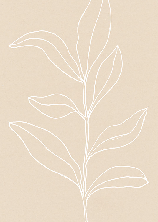  - Pintura de una rama con hojas blancas hechas a mano con un fondo beis.