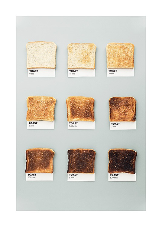  - Fotografía de tostadas quemadas, una al lado e la otra, con notas debajo y fondo gris.