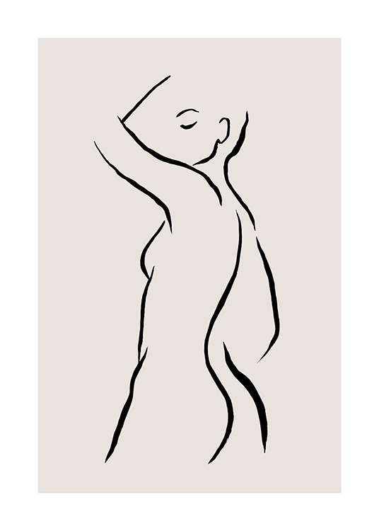 - Dibujo de línea en negro hecho a mano. El motivo es una mujer desnuda con fondo beis.