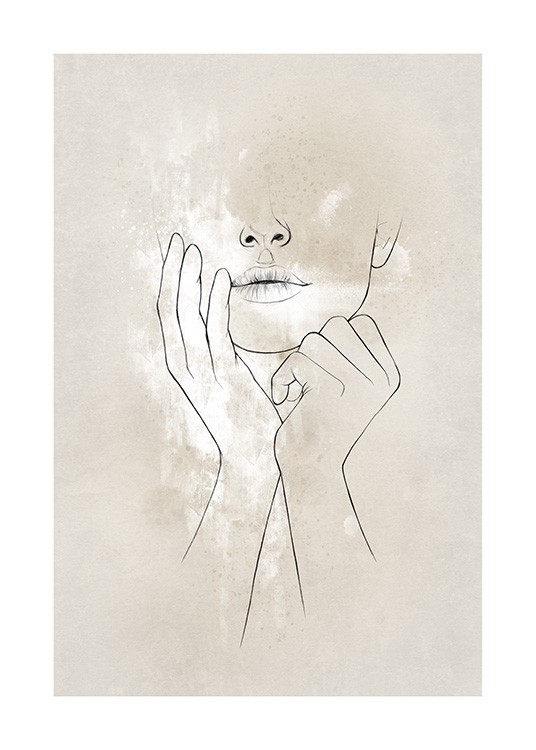  - Dibujo de una mujer con las manos frente al rostro, fondo beis y blanco. 
