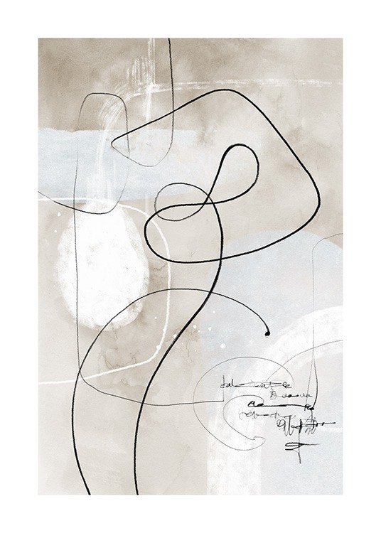  – Ilustración de diseño gráfico con trazos y formas en blanco y negro sobre un fondo beis de acuarela