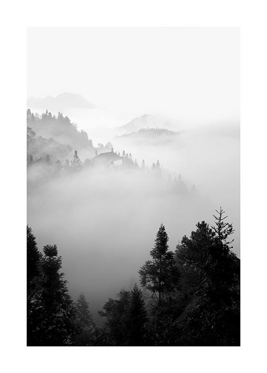  – Fotografía en blanco y negro de una montaña en un paisaje boscoso bajo la niebla.
