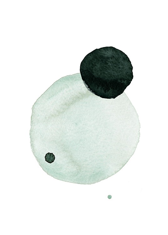  – Acuarela con fondo blanco y círculos en diversos tamaños y tonalidades de verde oscuro y verde menta.