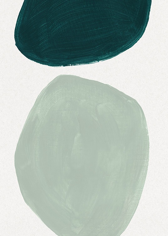  – Pintura al óleo con el motivo de dos formas, una en verde menta y otra en verde oscuro, sobre un fondo color beis claro.