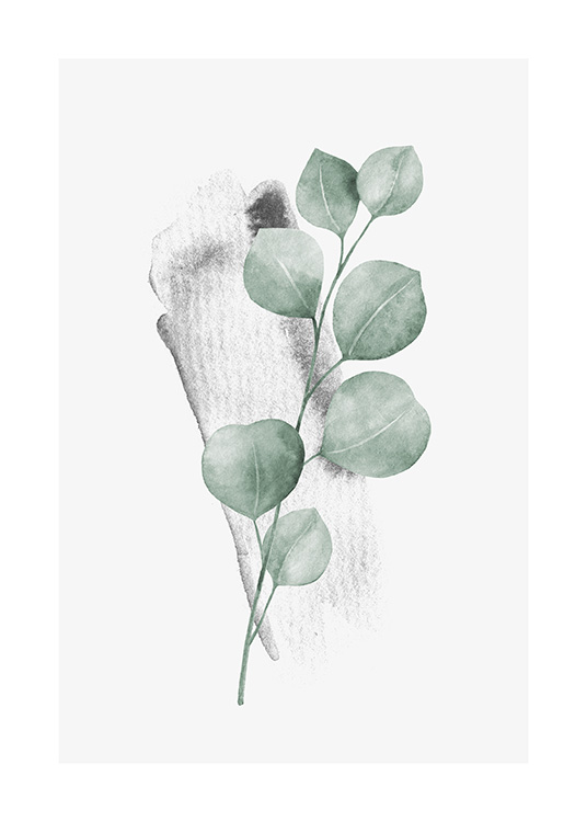  – Acuarela con el dibujo de una rama de eucalipto verde y un tallo gris detrás, con fondo beis claro.