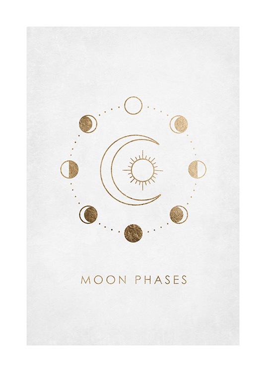  – Ilustración de diseño gráfico con el motivo de las fases de la luna en dorado (no es papel de oro) alrededor de una luna y un sol, fondo gris claro.
